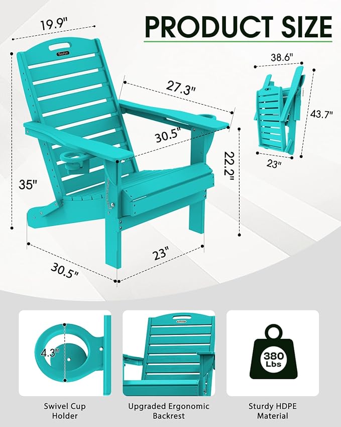 Adirondack Chairs Set of 4, Outdoor Fire Pit Chairs, HDPE All-Weather Adirondack Chairs with Cup Holder, Lawn Chair for Deck, Patio, Garden (Lakeblue)