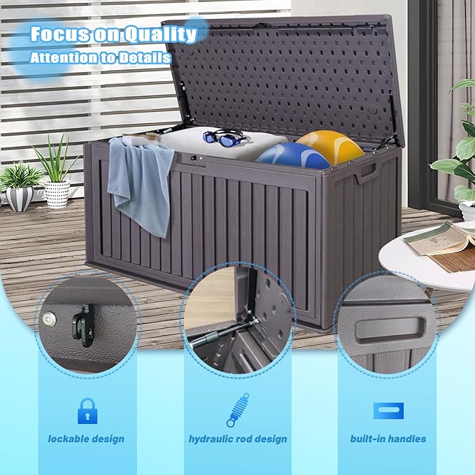 100 Gallon Waterproof Outdoor Storage Box, Outside Resin Deck Box for Patio Cushions, Garden Tools and Sports Pools Equipment