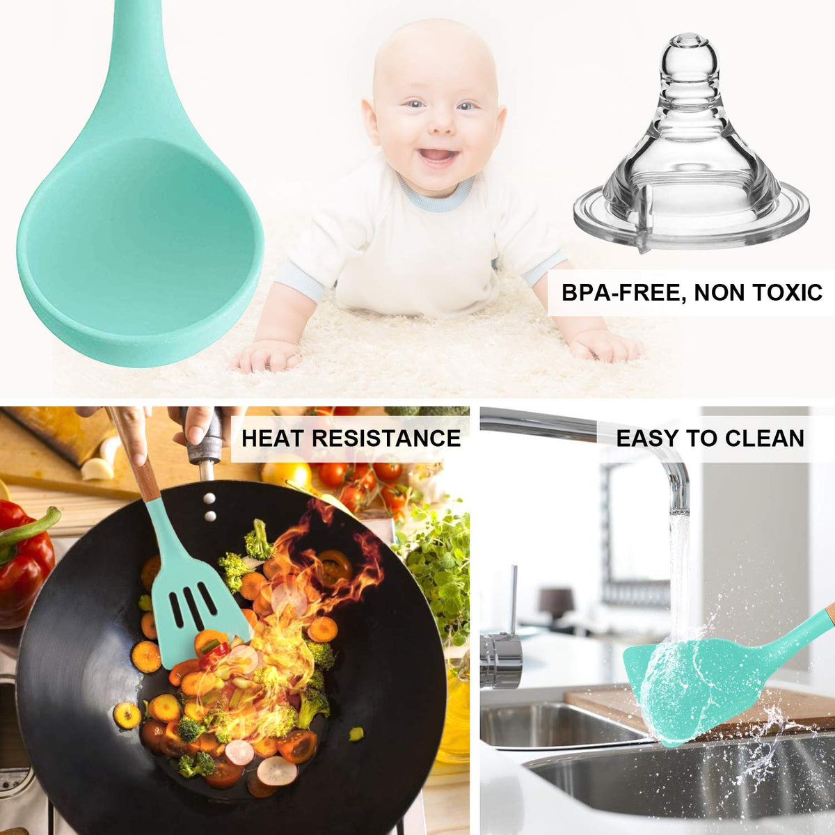 MIBOTE Silicone Cooking Kitchen Utensils Set, Wooden Handle, Teal