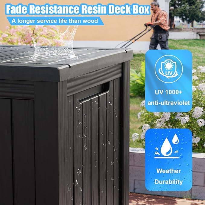 200 Gallon Lockable Resin Deck Box, Waterproof & UV-Resistant Outdoor Storage Box for Outdoor Cushion Storage, Garden Tools & Pool Accessories Storage, Black