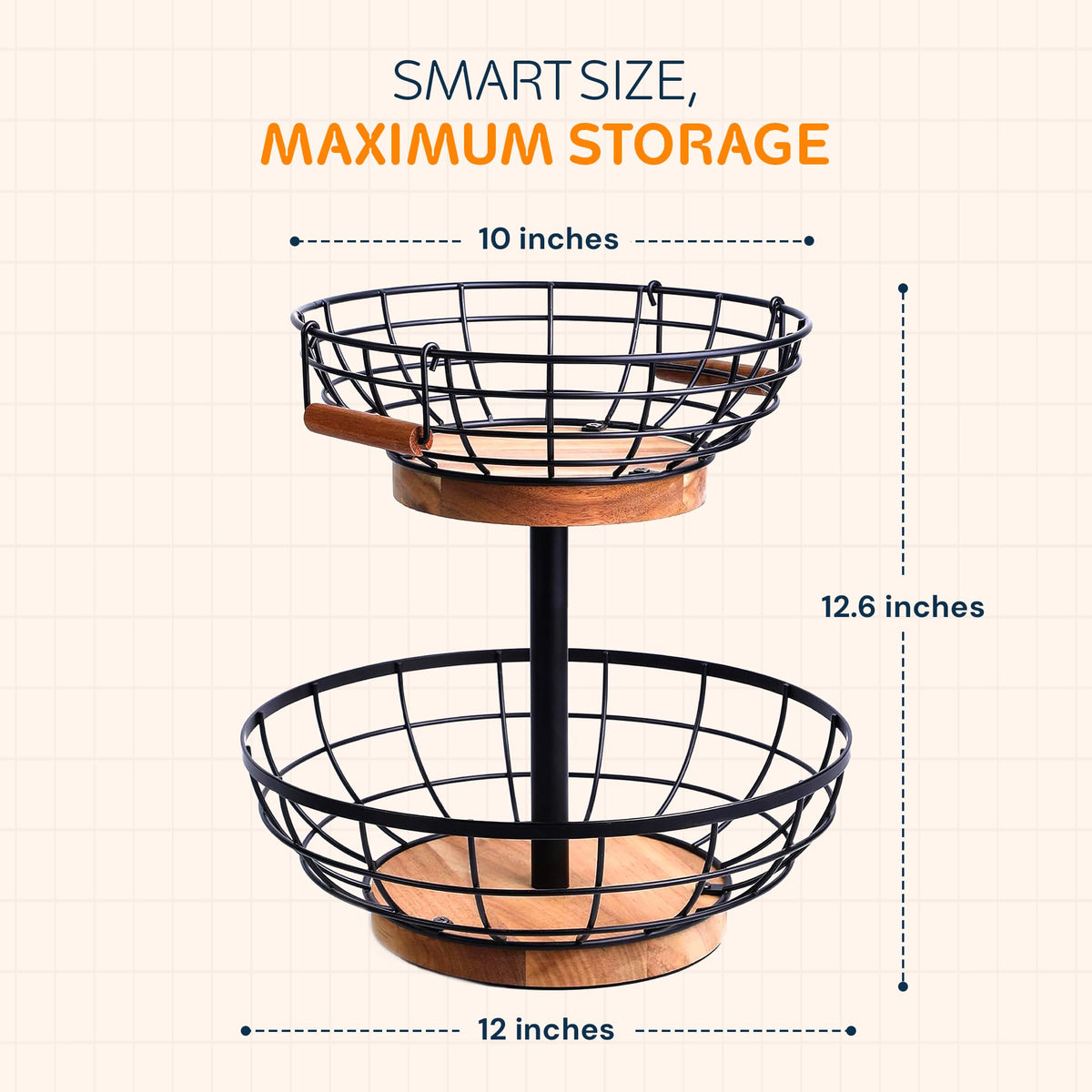 MILENTII 2 Tier Fruit Basket with Banana Hanger, Metal Fruit Bowl Stand with Wooden Base, Kitchen Counter Fruit Organizer for Vegetables, Bread, Snacks Storage Basket