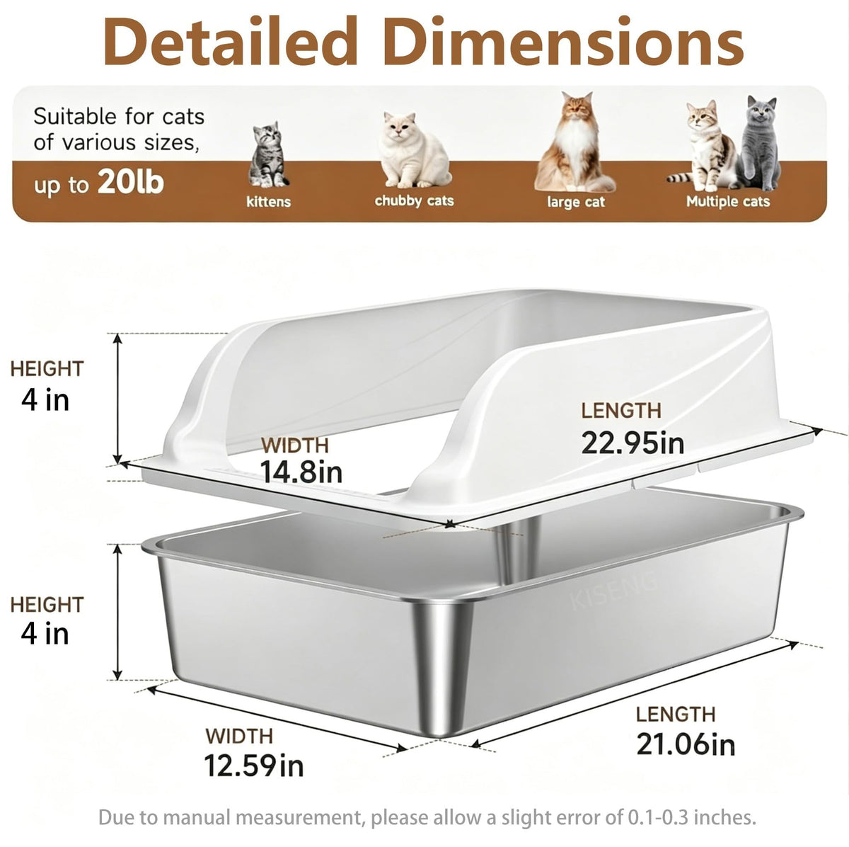 KISENG 2-Pack Stainless Steel Litter Box Large Easy Clean 2-Scoop Included