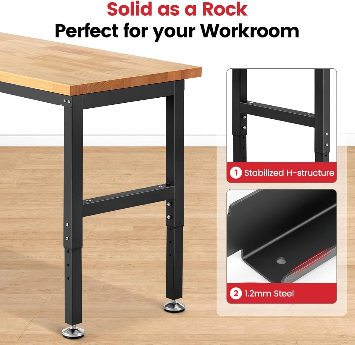 Work Bench for Garage Workbench Adjustable Height Work Table for Shop Woodworking, 41 x 20 Heavy Duty Rubber Wood Top for Office, Home, Commercial