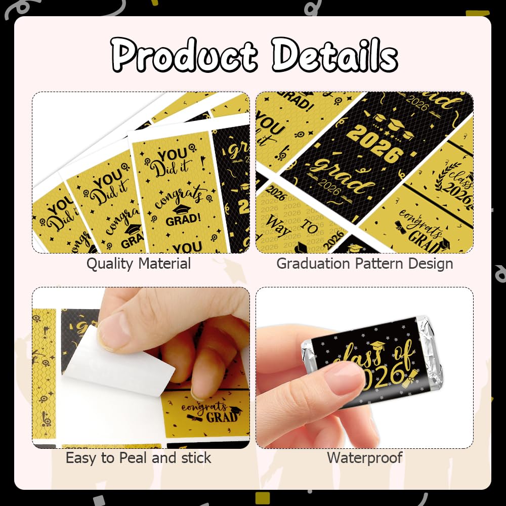 Graduation Party Decoration 2025 Graduation Label Stickers, 240 PCS Congrats Grad Mini Black Gold Candy Wrapper Class of 2025 Chocolate Bar Sticker