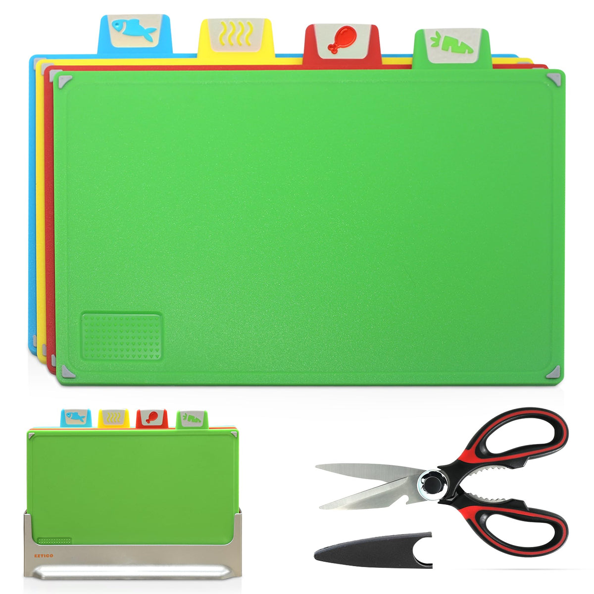 Cutting Board Set 12"L x 9"W: 4-Piece Color-Coded, Non-Slip, BPA-Free, Perfect kitchen essentials for new home, Dishwasher Safe with Premium Scissors & Chopping Board Organizer, Quality kitchen stuff.