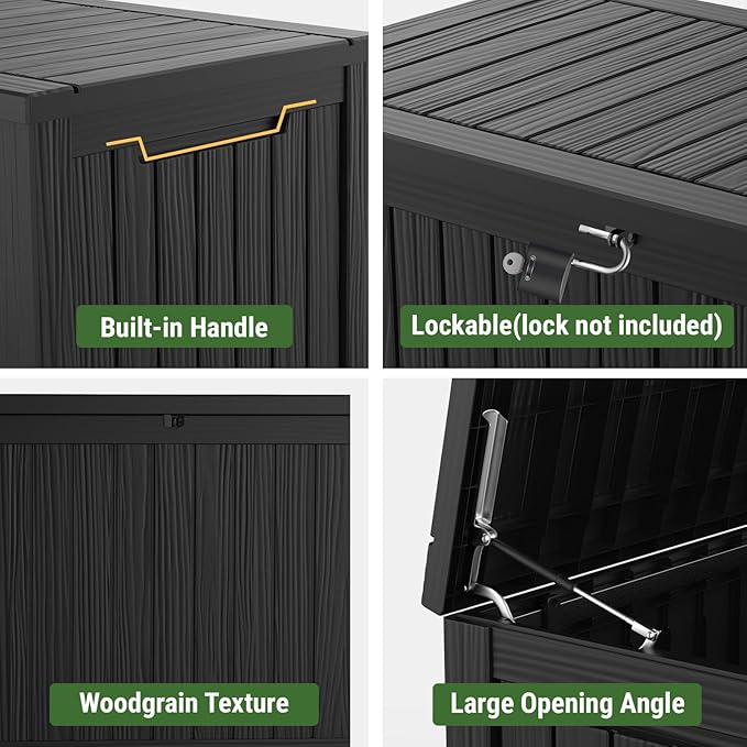 Mars Villa 180 Gallon Outdoor Storage Box Waterproof, Extra Large Resin Deck Box, Outside Storage Bin for Patio Furniture Cushions, Pool Supplies, Sports Gear, UV Resistant and Weatherproof, Black