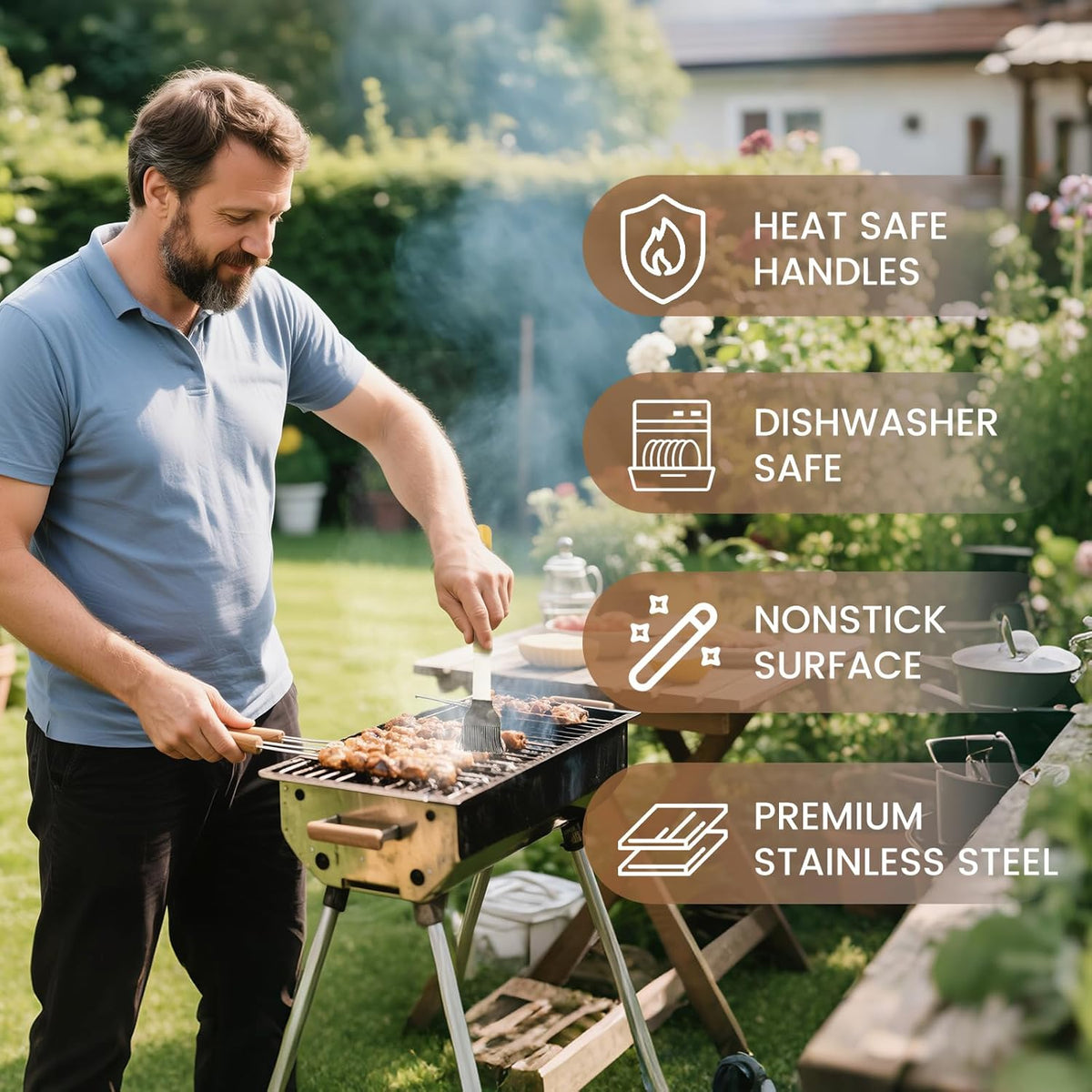 Grill Tool Set, Wooden Grilling Accessories, Heavy Duty Stainless Steel BBQ Grill Tools Set for Outdoor Grill with Spatula, Tongs Aluminum Case for Camping Backyard Barbecue, Grill Set for Men Women