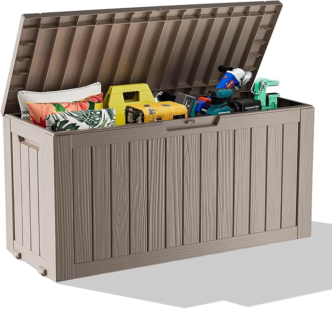 75 Gallon Resin Deck Box, Lockable Outdoor Storage Box for Patio Cushions Storage Furniture,Garden Tools, Pool Supplies, Weatherproof and UV Resistant (Grey)