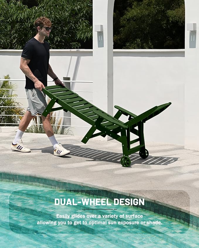 Lounge Chair Outdoor Set of 2, 6-Position Adjustable Chaise Lounge Outdoor with Wheels, Lounge Chair with Cup Holder for Pool Poolside Deck Backyard Patio, Green