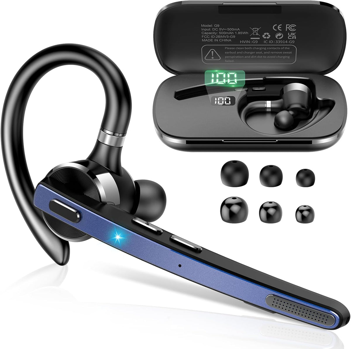 Bluetooth Headset, Wireless Bluetooth 5.3 Earpiece, 90Hrs Hands Free Headset with APTX HD Audio & Mute Button, Dual Noise Cancelling Mics, Single-Ear Headphone for Trucker/Business/Gym/Blue