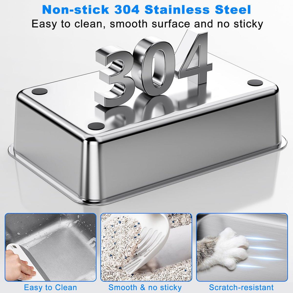 Non-Stick Stainless Steel Litter Box, XL Side Open Splash-Proof&Leak-Proof