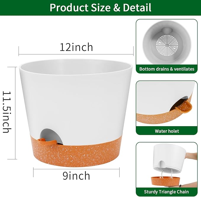 GARDIFE 12 inch Plant Pots, planters, Self Watering Pots, Large Plastic Flower pots with Deep Reservior and High Drainage Holes for Indoor Outdoor Plants and Flowers, White