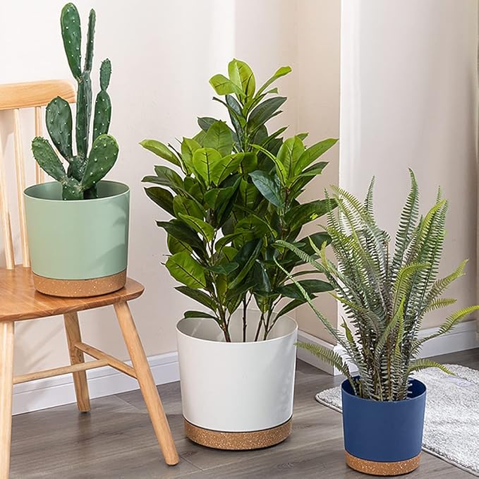 ZMTECH Plant Pots, Set of 3 8'' Self Watering Plastic Planter with Drainage Hole and Saucer, Modern Decorative Flower Pot for Indoor Outdoor House Plants, Succulents, Flowers - Dark Gray/White/Green