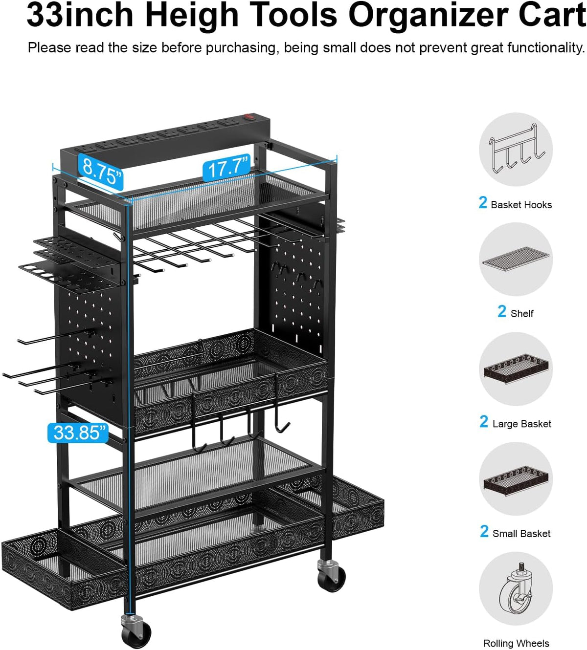 CCCEI Garage Power Tools Organizer Cart with Charging Station, Black Floor Standing Rolling Drill and Tools Battery Storage Cart on Wheels. Utility Rack Gift for Men, Husband, Father.