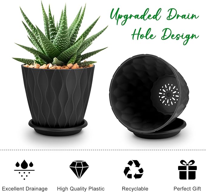4 inch Plant Pots, 5 Pack Flower Pots Outdoor Indoor, Planters with Drainage Holes and Tray Saucers(Black)