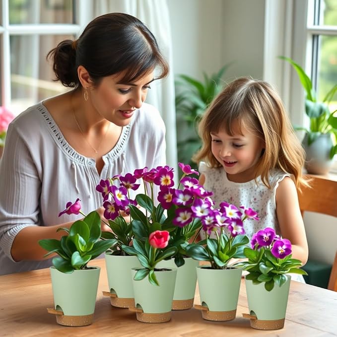 12 Pack 4 Inch Self Watering Plant Pots with Drainage and Saucers，Plastic Flower Pots for Indoor and Outdoor Plants, Nursery Planters for Houseplants and Herbs Green Brown, 4 inch 12pcs