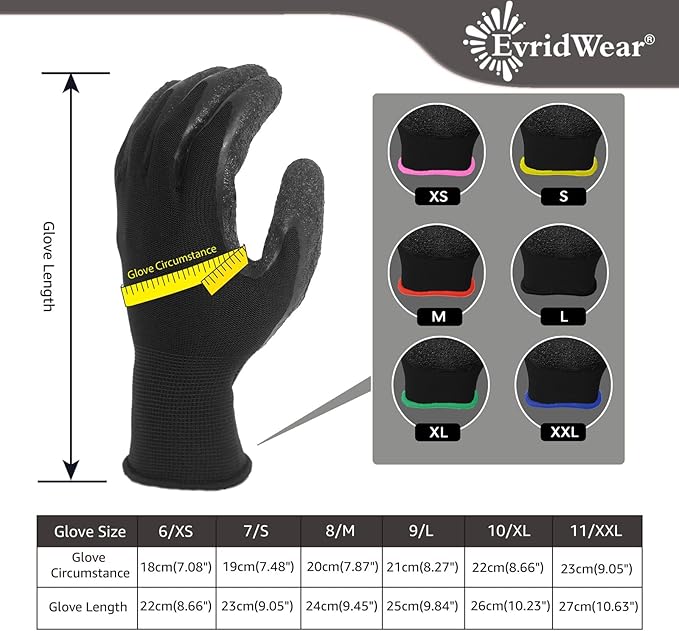 Evridwear Crinkle Latex Rubber Hand Coated Safety Work Gloves for Men Women General Multi Use Construction Warehouse Gardening Assembly Landscaping (L-Size) 12 Pairs Pack