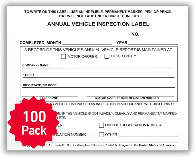 100 Pack Buck Annual Vehicle Inspection Label, 2-Ply Adhesive Vinyl with Mylar Laminate, FMCSA & DOT Compliant, Weatherproof, Tear Resistant, Easy to Write On, 5" x 4" - Made in USA