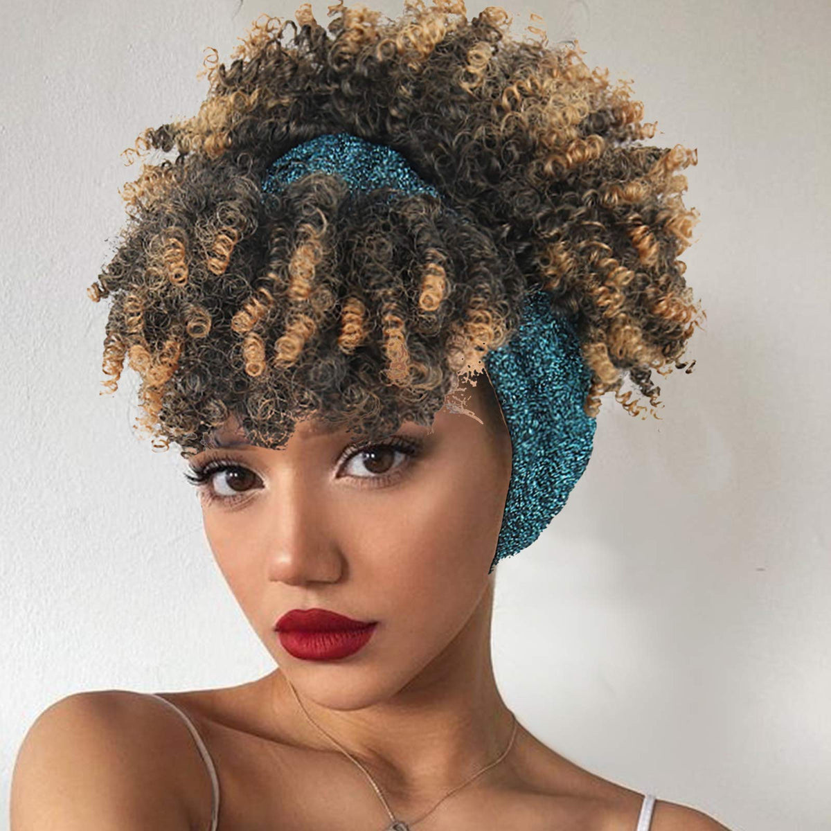 Aisaide Short Curly Wigs For Black Women,Synthetic High Puff Afro Ponytail Ombre Brown Wig With Bangs Wrap Wigs 2 In 1 Afro Kink