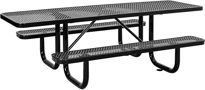 Global Industrial 8'L Rectangular Picnic Table, ADA Compliant, Expanded Metal, Black Thermoplastic Coating, Attached Benches, 1-1/2” Umbrella Pole Hole, Outdoor-Rated