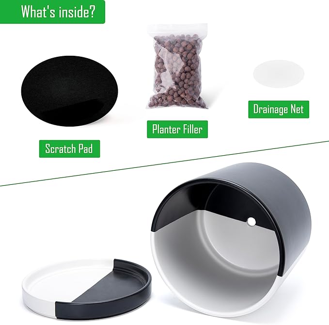 D'vine Dev 12 Inch Ceramic Planter Pot with Drainage Hole and Saucer, Indoor Cylinder Round Planter Pot, Split Monochrome Black & White, 94-O-F-0