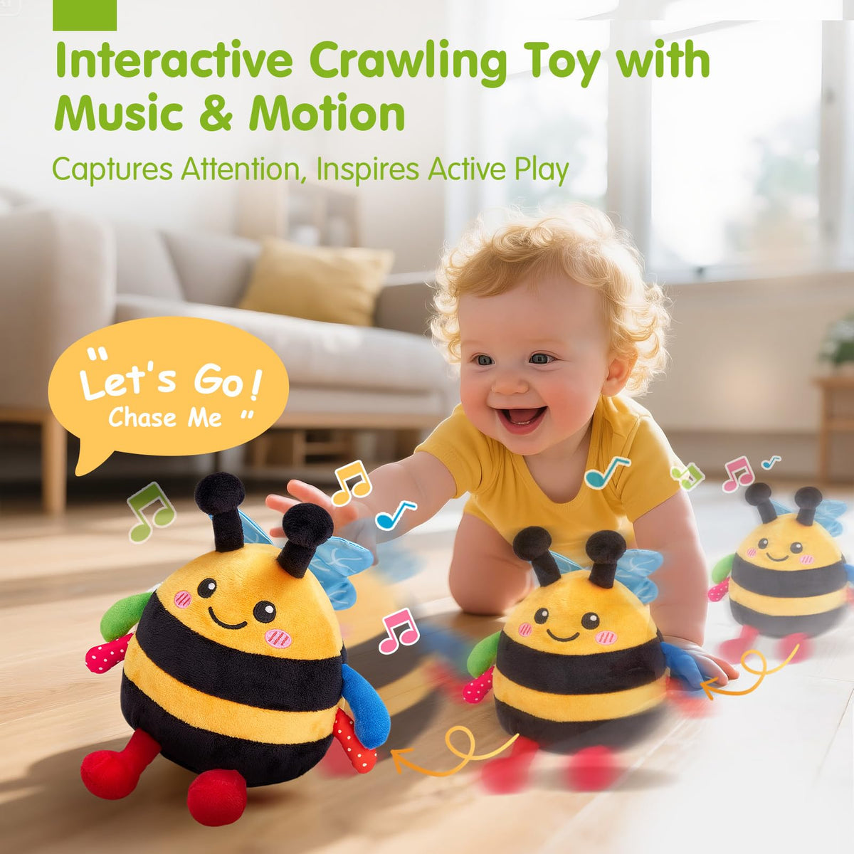 hahaland Musical Tummy Time Bouncing Plush Bee Crawling Toy for 6 Month