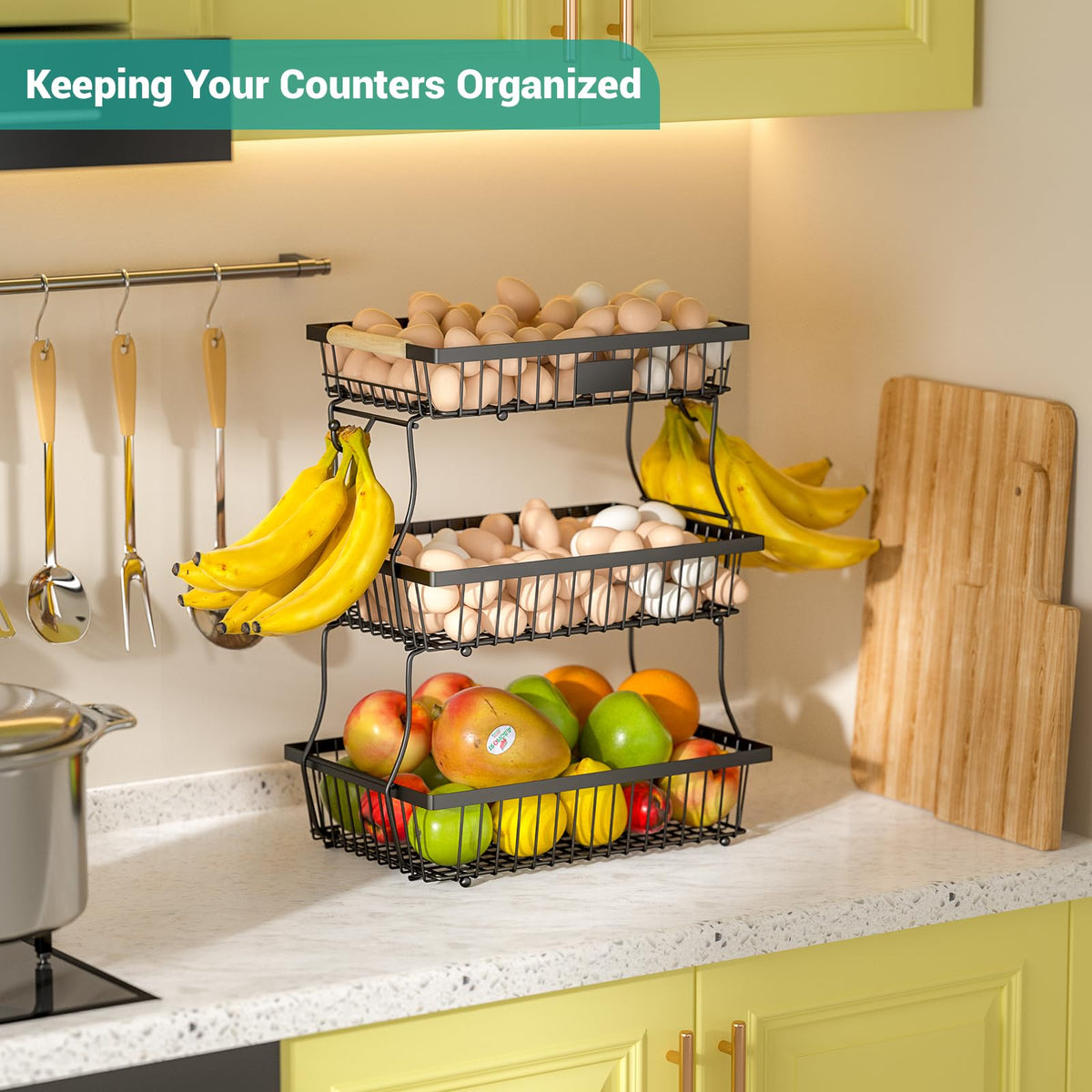 Astrorhine 3 Tier Fruit Basket for Kitchen Counter with 2 Banana Hangers, Countertop Metal Fruit Bowl with Wooden Handle, Large Storage Stand for Vegetables, Snacks, Breads, Produce Storage – Black