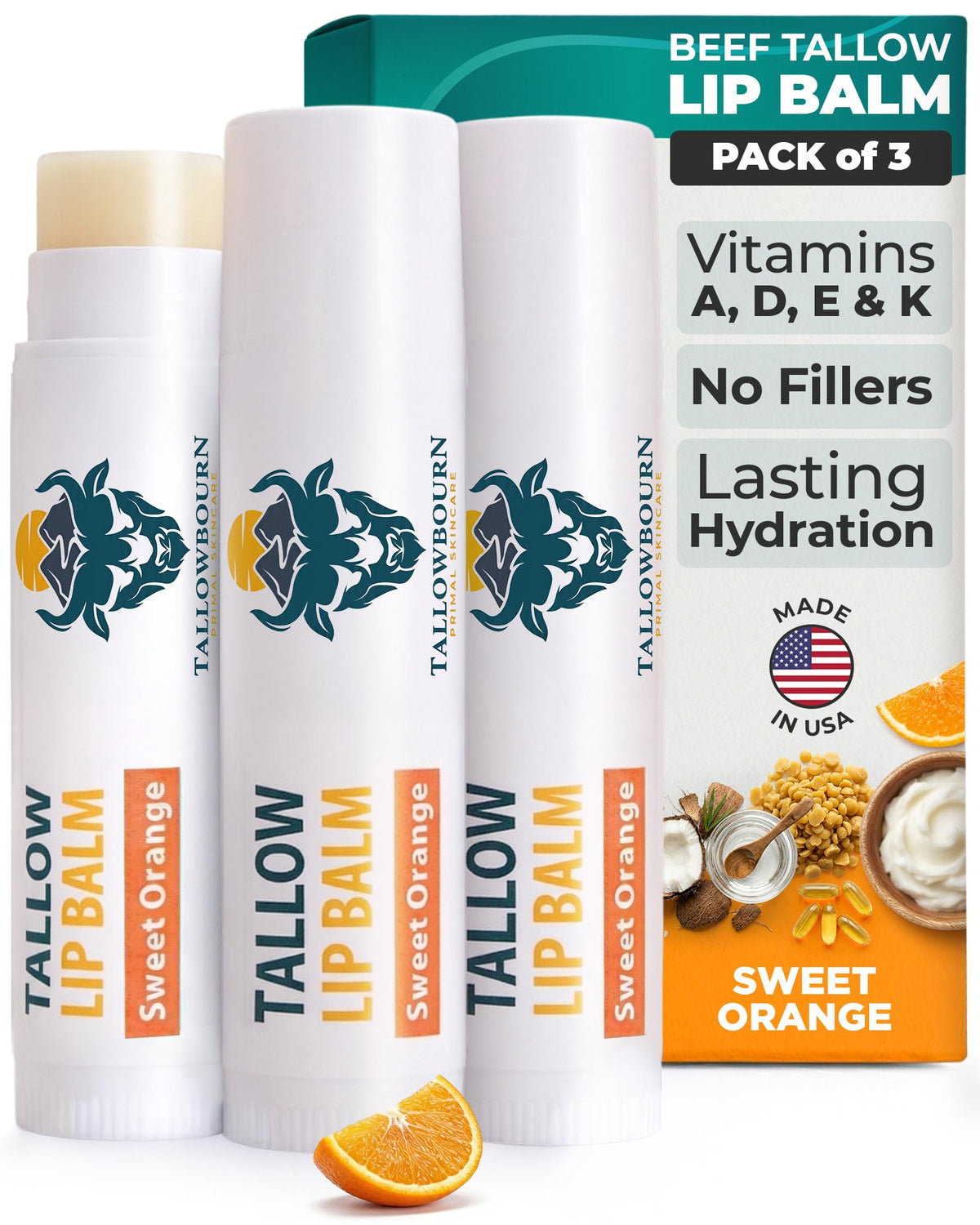 Tallowbourn Moisturizing Grass-Fed Beef Tallow Lip Balm 3pk – Sweet Orange