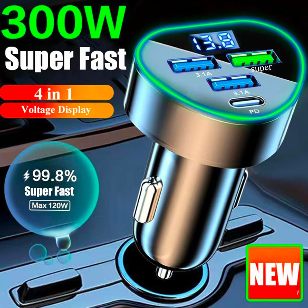 4 in 1 Multi Port USB C Car Phone Charger Adapter with Voltage Display, QC4.0/PPS/AFC Super Fast Cigarette Lighter USB Charge with Volt Meter for iPhone Galaxy Android Phones