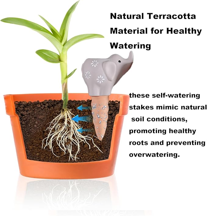 4-Pack Self-Watering Terracotta Spikes for Plants, Automatic Plant Watering Stakes, Keeps Plants Hydrated While You're Away, Ideal for Indoor & Outdoor Use (Elephant Design)