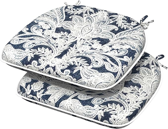Indoor/Outdoor Chair Cushions 16x17 Inch, Patio Chair Cushions with Ties, All Weather Seat Cushions for Patio Furniture Home Garden Chair Use, Set of 2,Damask Lapis