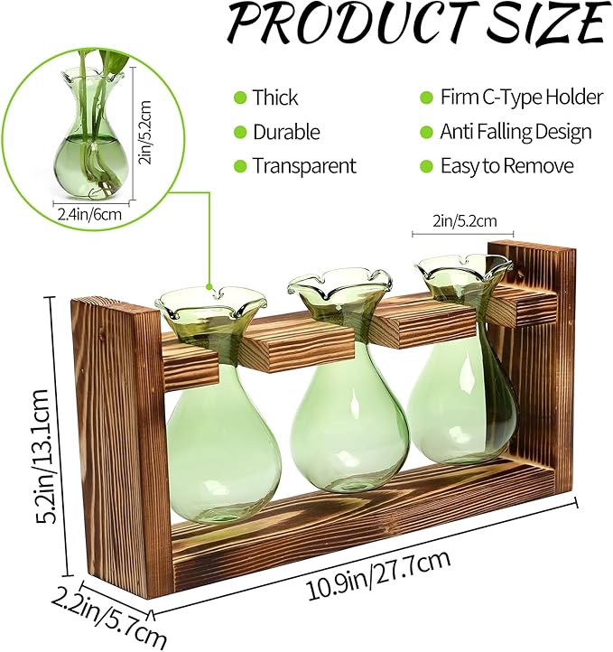 Plant Propagation Station Plant Terrarium Unique Birthday Gifts for Women Plant Lovers Home Office Decor Planter with Wooden Stand - 3 Bulb Glass Vase