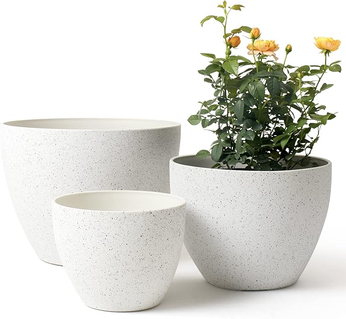 LA JOLIE MUSE 14.2/11.3/8.6 Inch Planters,Indoor/Outdoor White Planters Set of 3,Plant Container with Drain Holes,Flower Pots for Patio and Deck