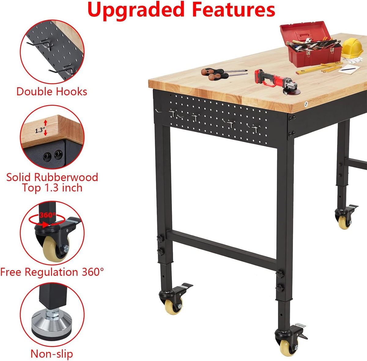 48'' Adjustable Workbench, Heavy Duty Workbench with Power Outlet and Lockable Wheels, 2000 LBS Capacity, Work Table Suitable for Office, Garage, Workshop