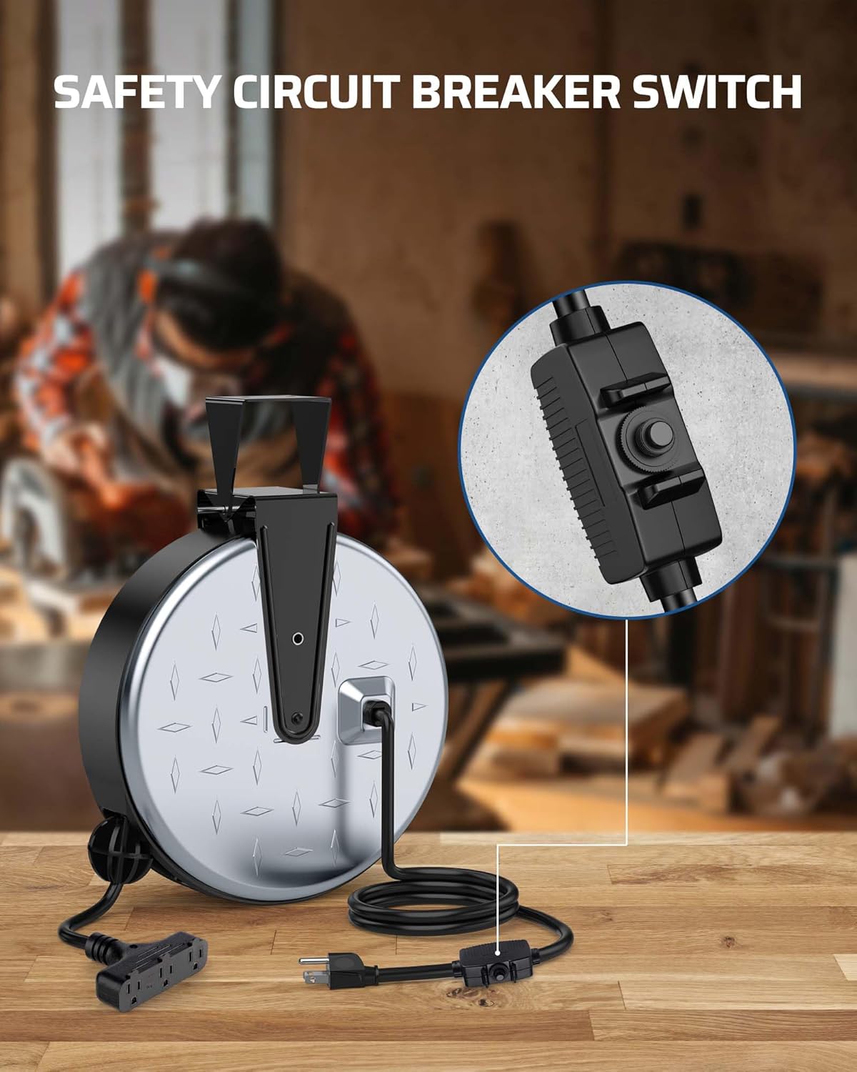 DEWENWILS Metal Extension Cord Reel,30FT Retractable Extension Cord, 16AWG/3C SJTW Power Cord, 3 Electrical Outlets, 10A Circuit Breaker, Wall or Ceiling Mountable for Workshop, Garage, UL Listed
