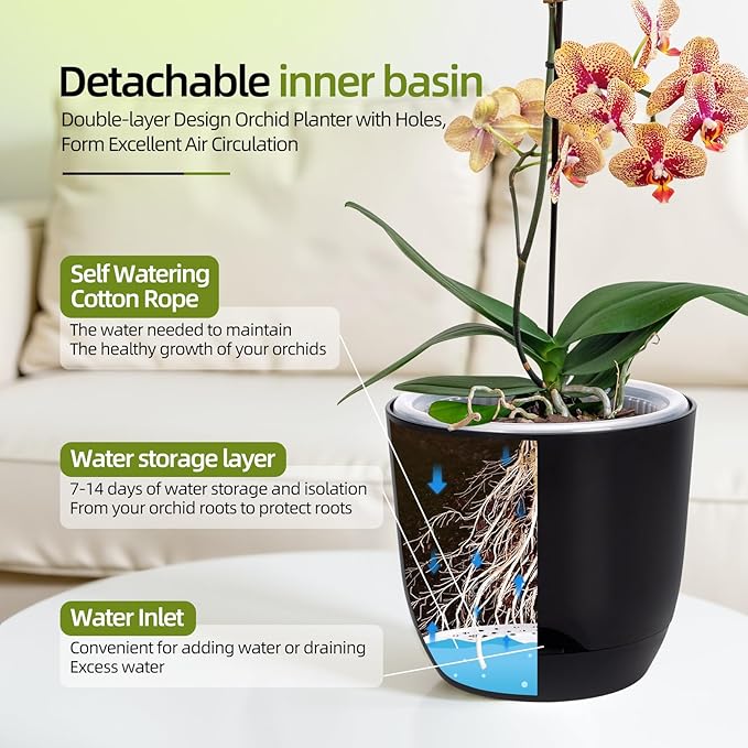 QCQHDU 2 Pack Orchid Pots with Holes for Repotting, Double-Layer and Self Watering Orchid Pot with Good Air Circulation