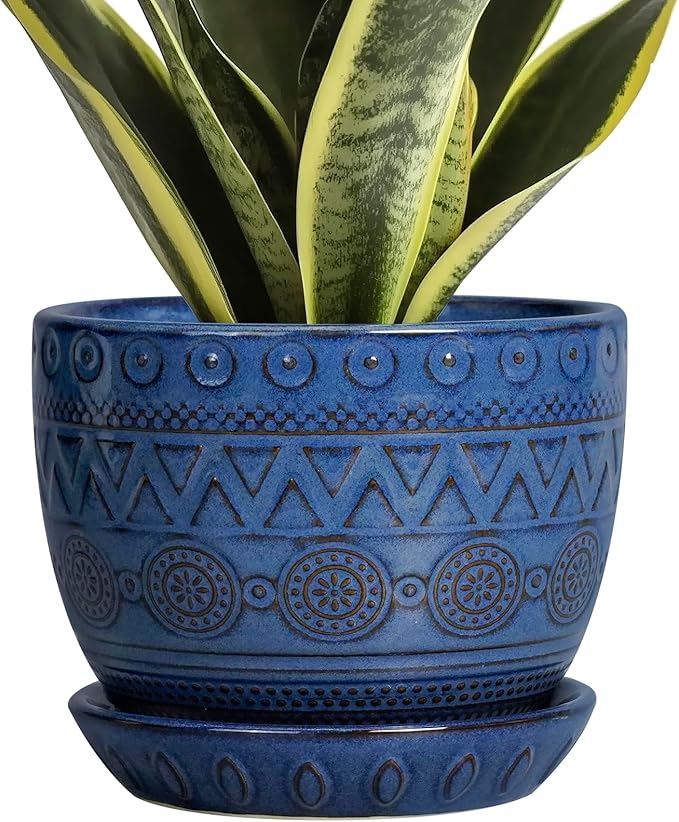 G EPGardening Pot for Plants 5 Inch - Ceramic Planter for Indoor Plants Outdoor, Succulent Pot with Drainage Hole and Saucer, Modern Home Garden Decor, Blue