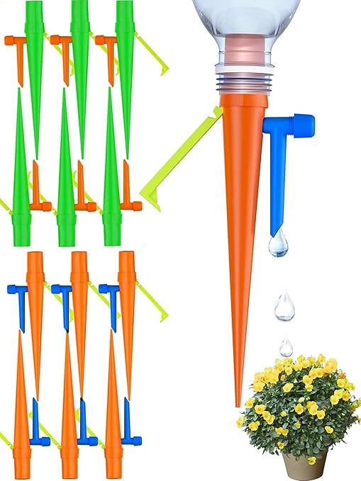 New Self Watering Spikes, Automatic Watering System with Slow Release Control Valve Switch, Ideal for Outdoor Plants, Garden, Travel and Busy People(12, Orange+Green)