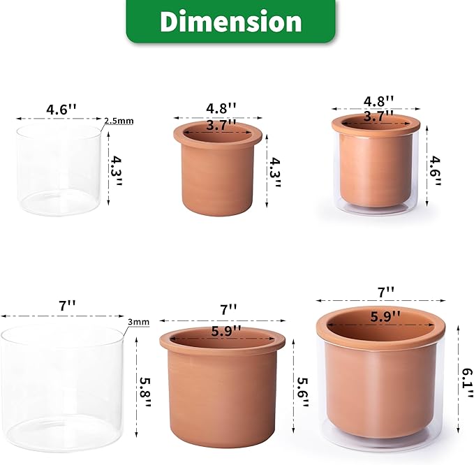 Phoenix Vine 4 Inch 6 Inch Self Watering Plants Pots, Design Terracotta Pots for Plants, Indoor Cylinder Terra Cotta Planter with Glass Vase Set, 51-A-G-46