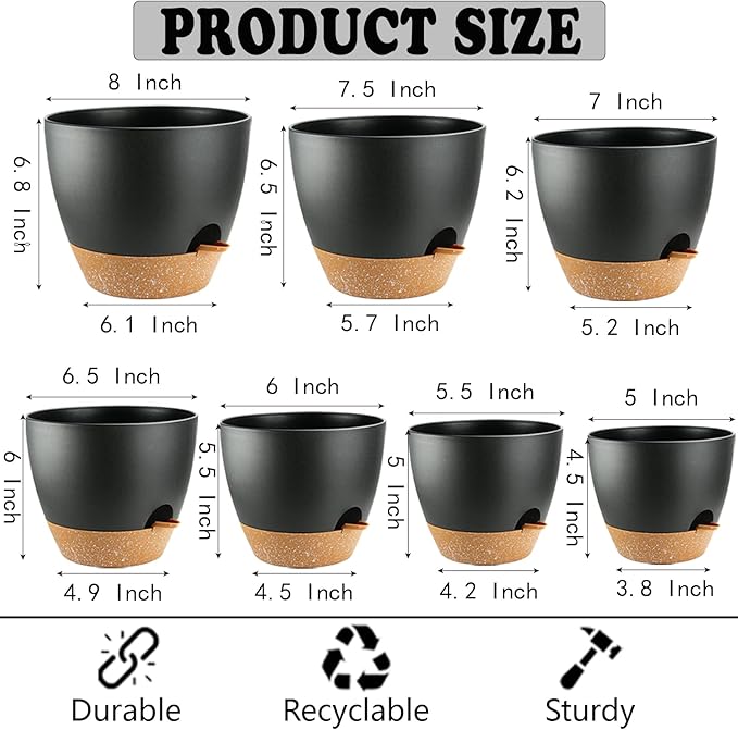 Indoor Pots For Plant Self Watering Plant Pots For Lazy People, 8/7.5/7/6.5/6/5.5/5 Inch,Black Plastic Self Watering Planter For All Houseplants,Succulent, African violets, Flowers And Cactus