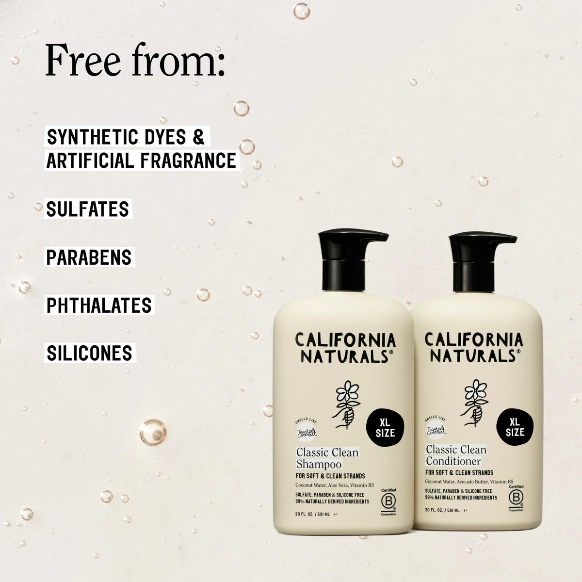 California Naturals Classic Clean Toasted Coconut Shampoo Conditioner Set, Natural, Vegan, Cruelty, Silicone, Paraben, and Sulfate Free, All Hair Types, 20 Fl Oz
