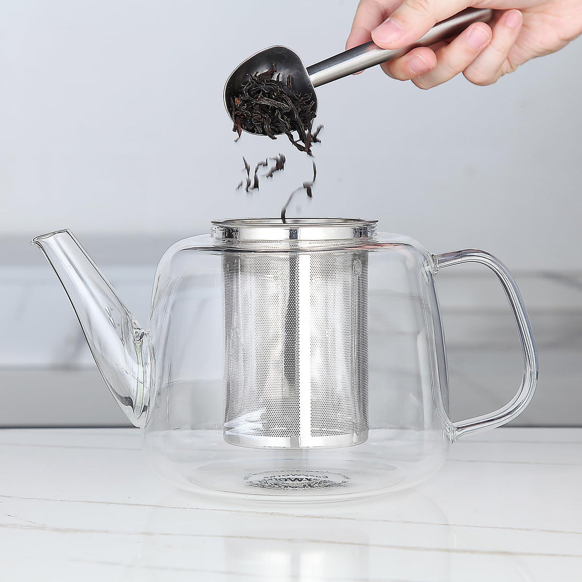 Easyworkz Borosilicate Glass Teapot 50oz with Large Stainless Steel Removable Loose Tea Infuser for Fruit Herbal and Infusion