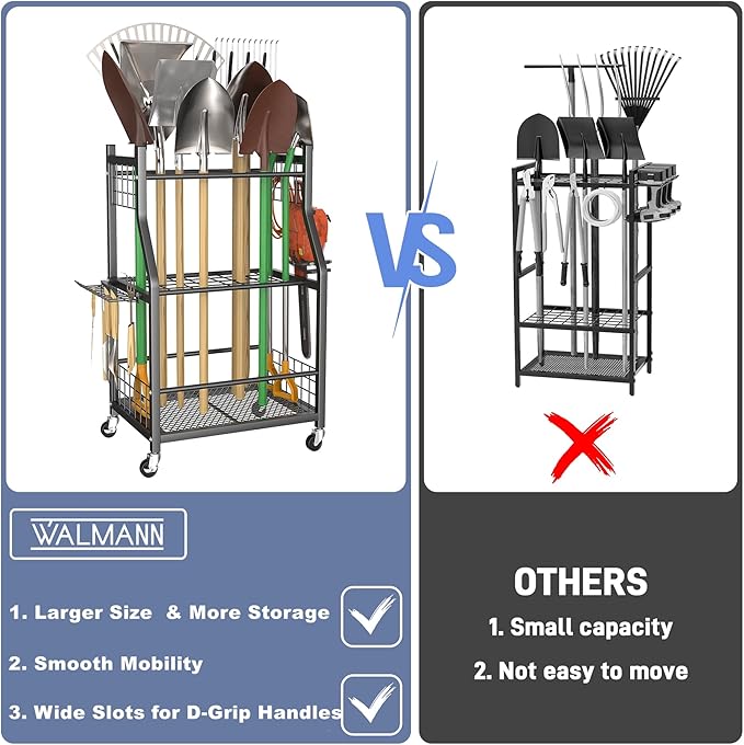 WALMANN Garden Tool Organizer with Wheels for Garage, Rakes/Shovels/Yard Tools Storage Stand for Garden, Shed, Indoor/Outdoor Long-Handled Tools Rolling Cart