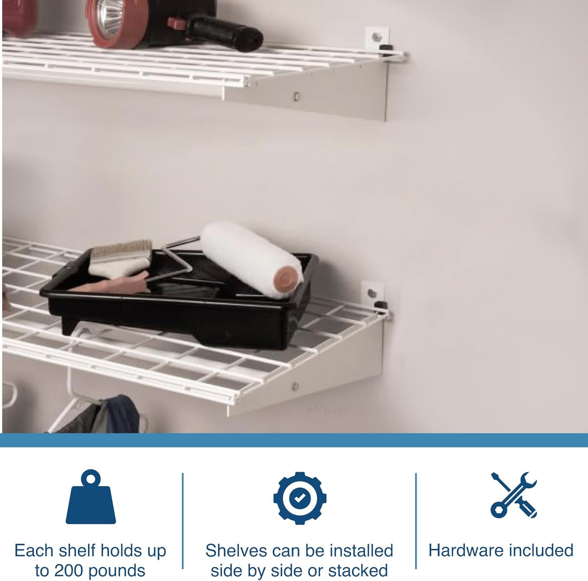 00630 2-Pack Heavy Duty Steel Wall Garage Shelving, 48-Inch X 24-Inch Wall Mounted Shelves for Garage Storage, Low-Profile Brackets, Max Shelf Load 150 Pounds, White Powder Coated Finish
