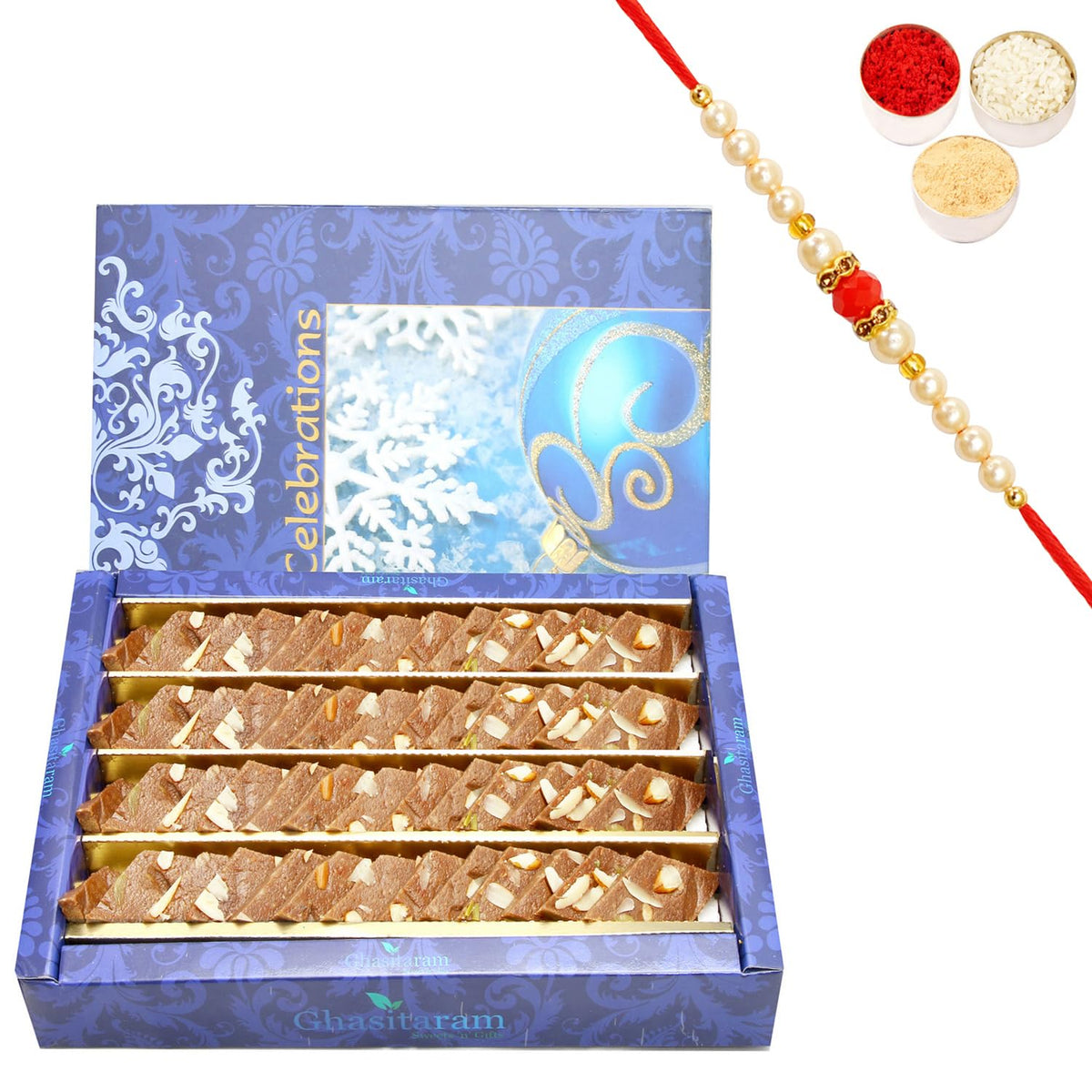 Ghasitaram Gifts Rakhi Gifts for Brothers Ghasitarams Sweets Sugarfree Chocolate Kaju Katli 800 GMS with Beads Rakhi