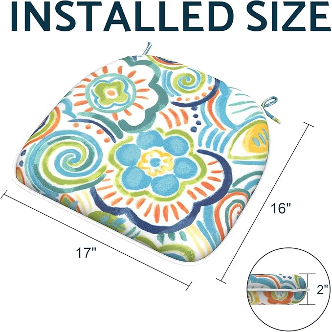 Indoor/Outdoor Chair Cushions 16x17 Inch, Patio Chair Cushions with Ties, All Weather Seat Cushions for Patio Furniture Home Garden Chair Use, Set of 4, Flower Blue