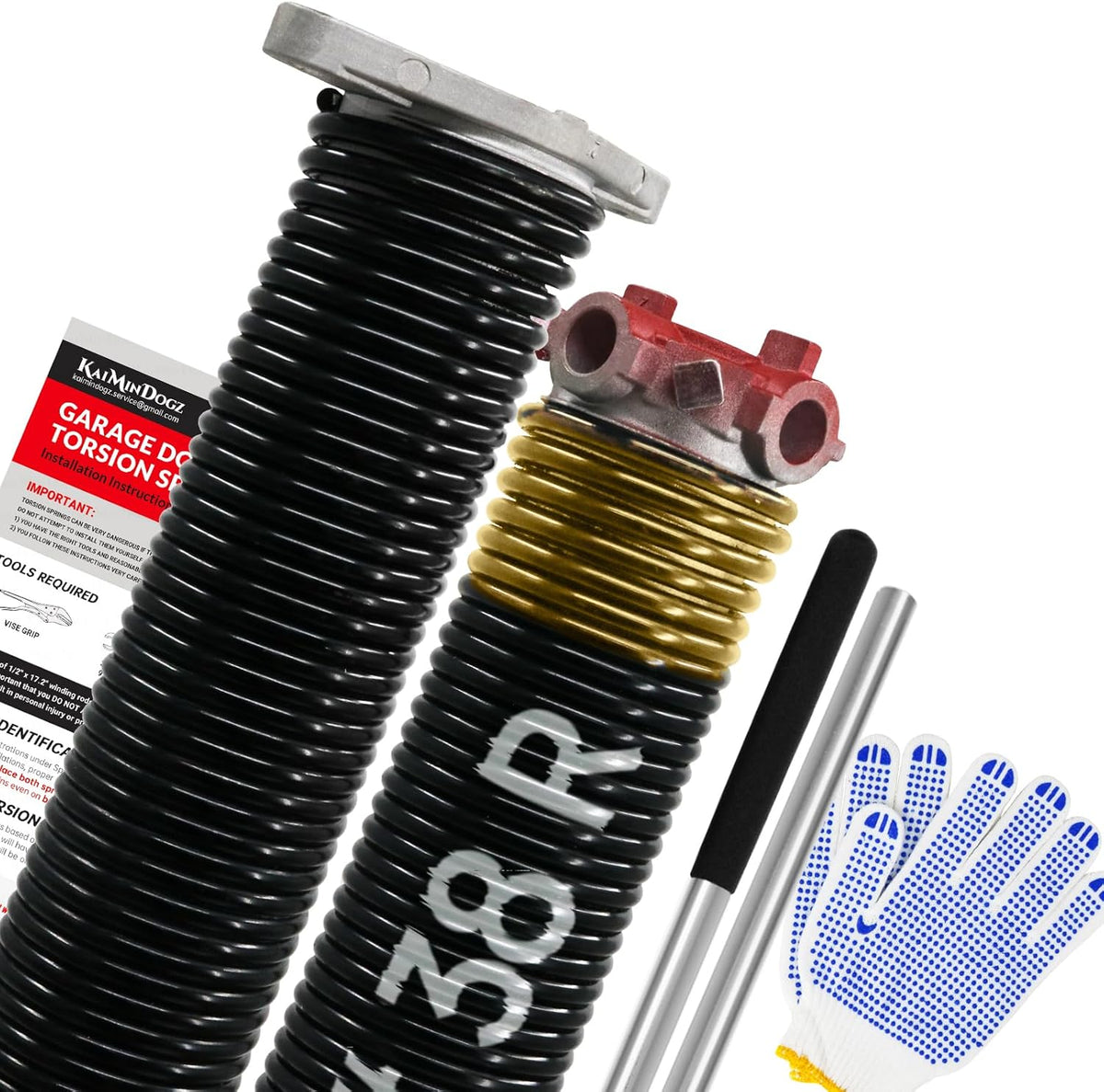 Pair of 1.75" Garage Door Torsion Springs Set with Non-Slip Winding Bars&Gloves, High Precision Electrophoresis Oil-Free Black Coated for Replacement, MIN 16,000 Cycles (0.250 x 1.75"x 38")
