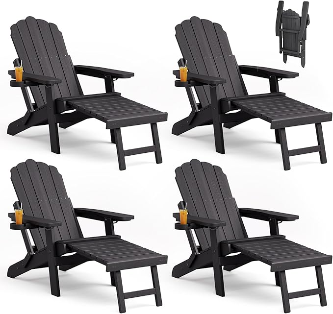 Adjustable Backrest Folding Adirondack Chair Set of 4, Adirondack Chair with Retractable Ottoman, Weather Resistant Fire Pit Chair with 2 Cup Holders, for Porch Backyard Outdoor Lawn, Black