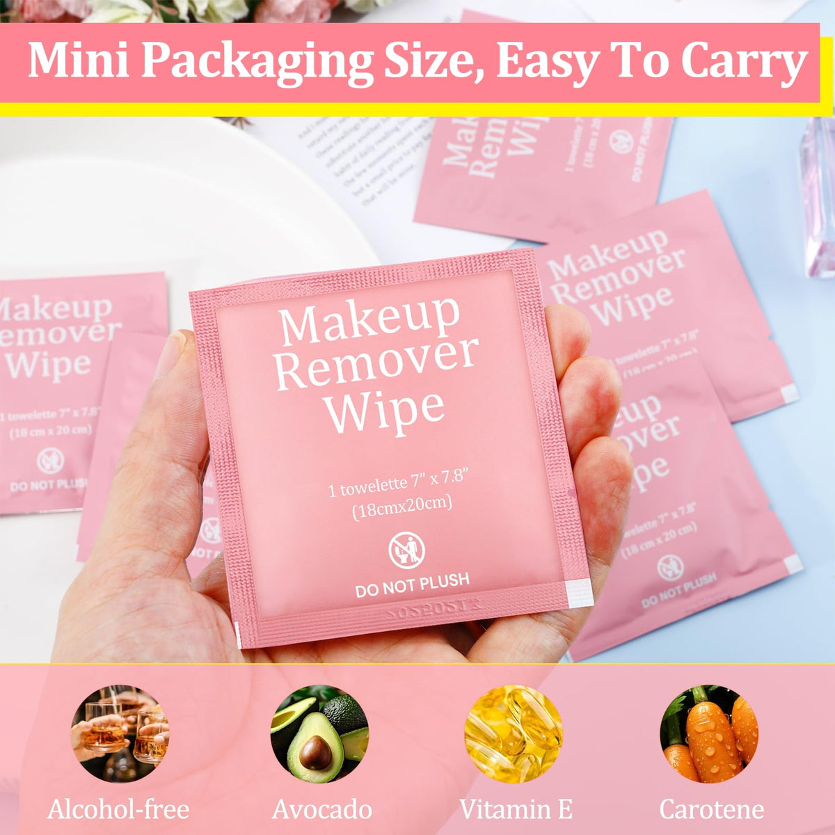 Enjamyo 200 Pcs Pink Makeup Remover Wipes Individual Wrapped