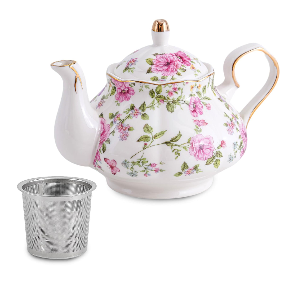Cozierlavie Small Ceramic Floral Teapot，22oz Tea Pot with Infuser for Blooming and Loose Tea, Coffee，milk(Pink and purple flowers, With tea strainer)